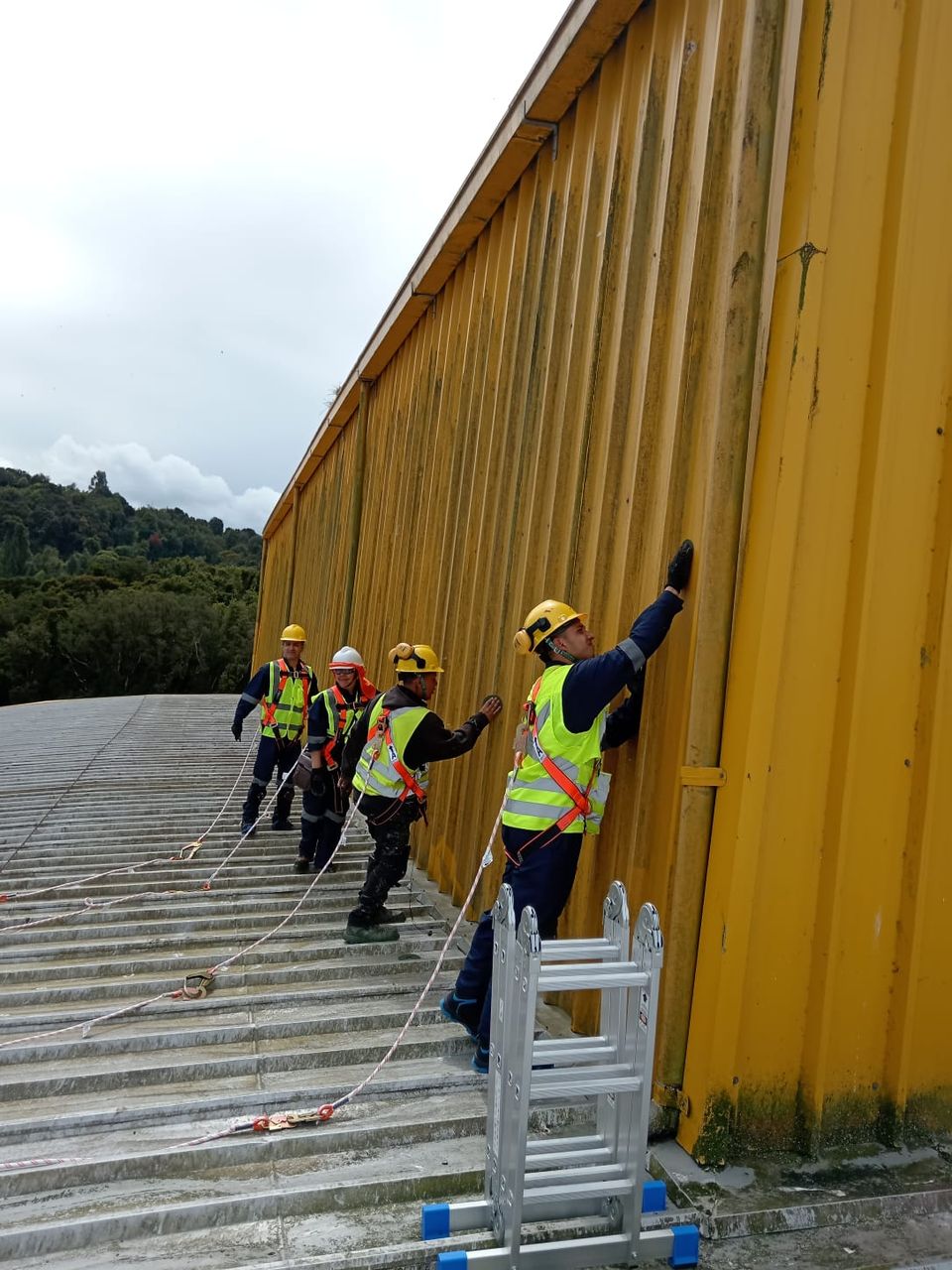 Cuadrilla de Metal Paint pintando la fachada de un galpón industrial en altura